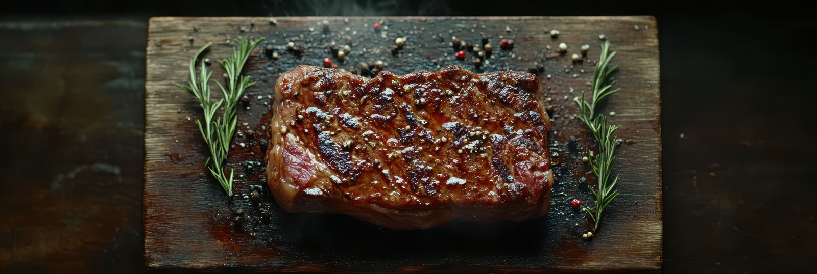 A perfectly cooked steak sits on a wooden board, surrounded by rosemary sprigs and a sprinkle of salt and pepper